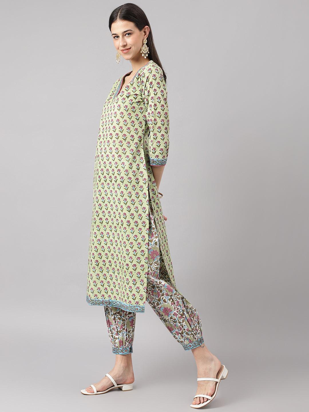  Green and white Cotton Hand Block Printed Kurta Pant set with Dupatta -  world