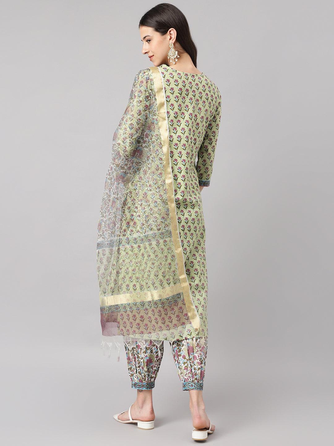  Green and white Cotton Hand Block Printed Kurta Pant set with Dupatta -  world