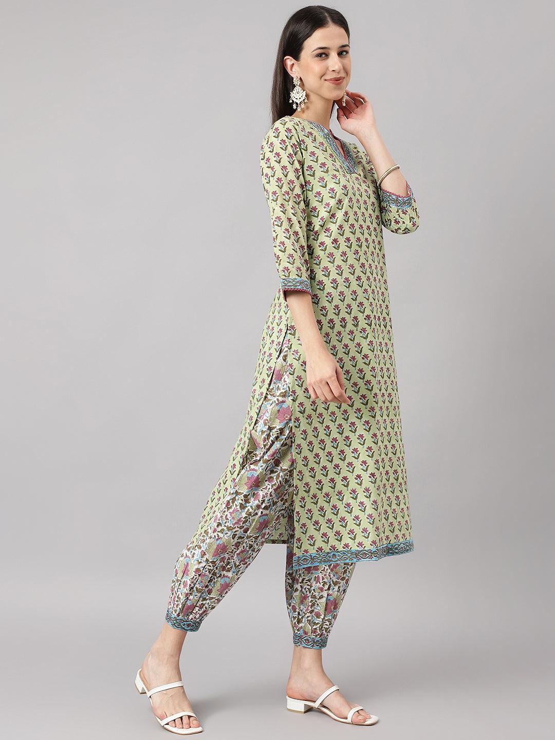  Green and white Cotton Hand Block Printed Kurta Pant set with Dupatta -  world