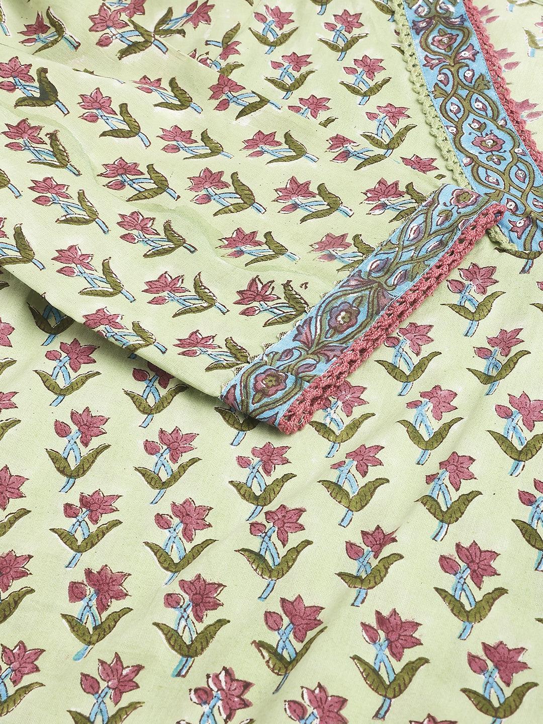  Green and white Cotton Hand Block Printed Kurta Pant set with Dupatta -  world