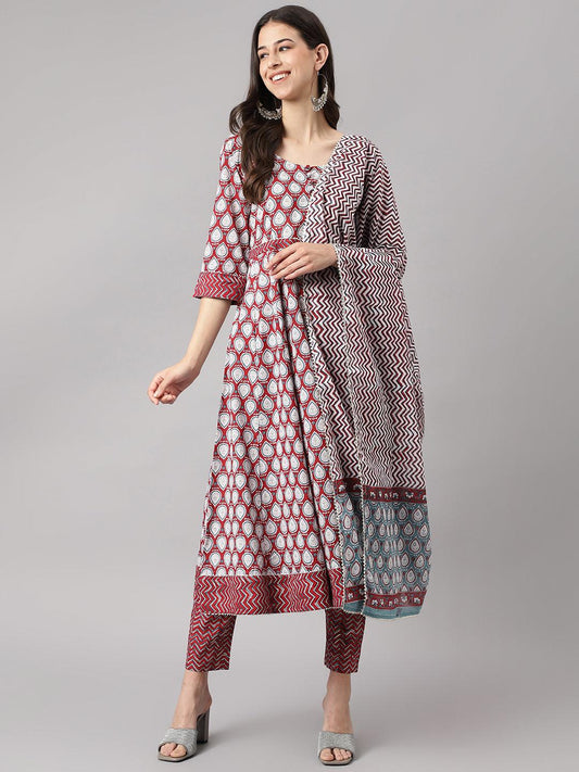  Maroon Cotton Anakali Kurta pant set with Dupatta -  world
