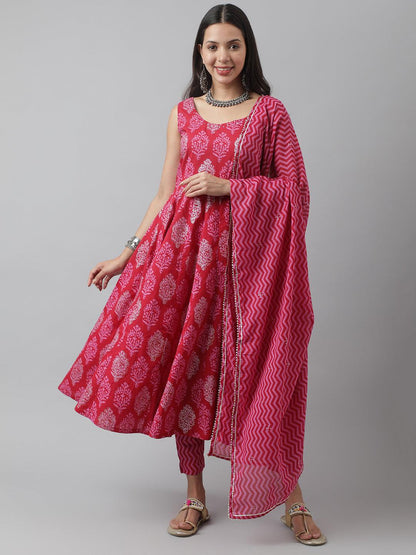  Magenta Floral Cotton Anarkali Kurta Pant Set with Dupatta -  world
