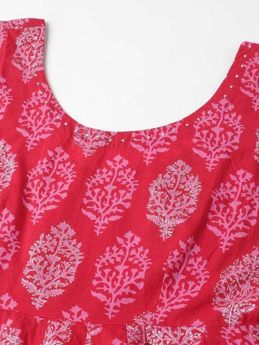  Magenta Floral Cotton Anarkali Kurta Pant Set with Dupatta -  world