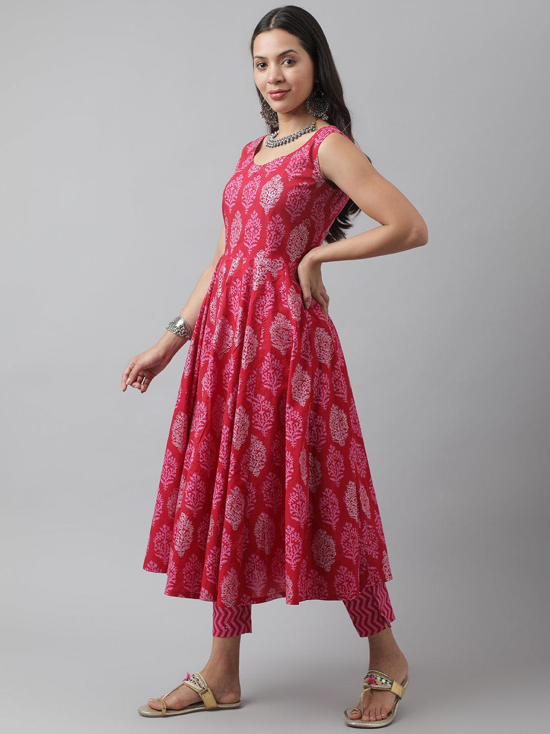  Magenta Floral Cotton Anarkali Kurta Pant Set with Dupatta -  world