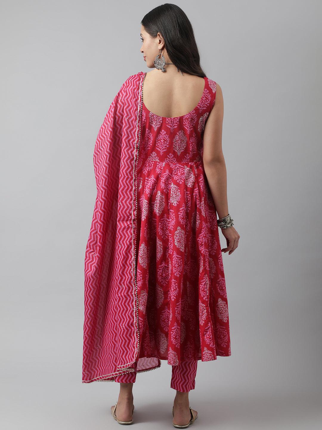  Magenta Floral Cotton Anarkali Kurta Pant Set with Dupatta -  world
