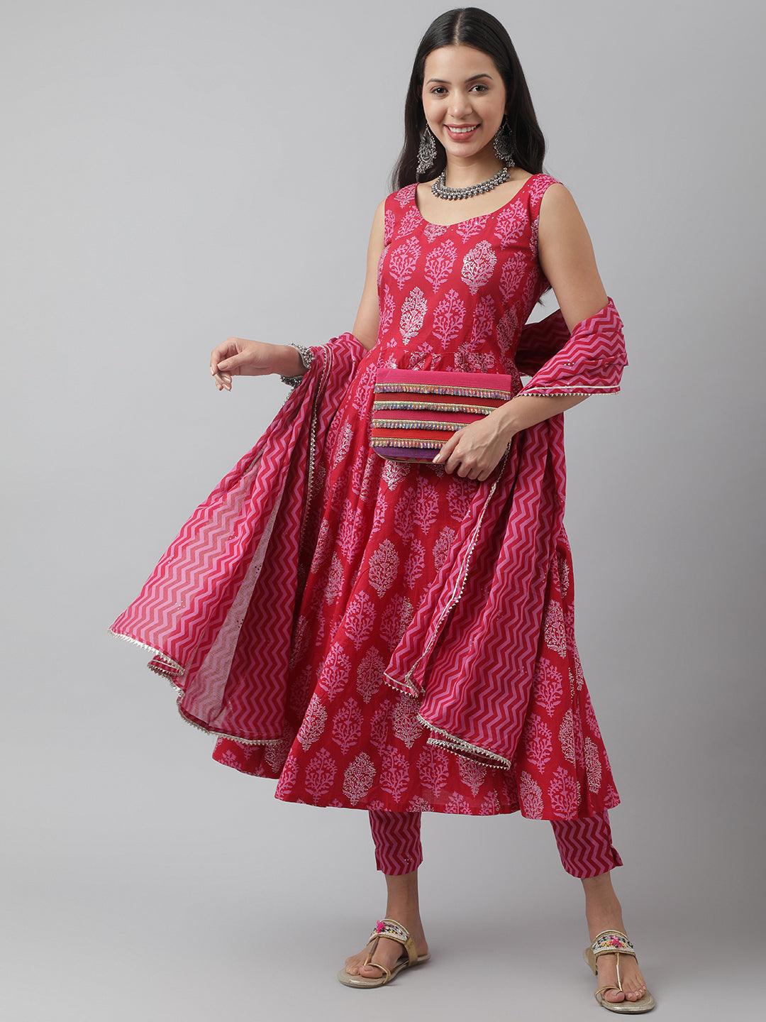  Magenta Floral Cotton Anarkali Kurta Pant Set with Dupatta -  world