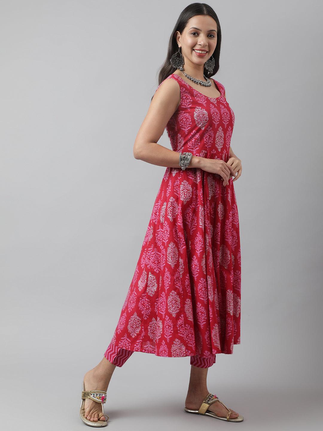  Magenta Floral Cotton Anarkali Kurta Pant Set with Dupatta -  world
