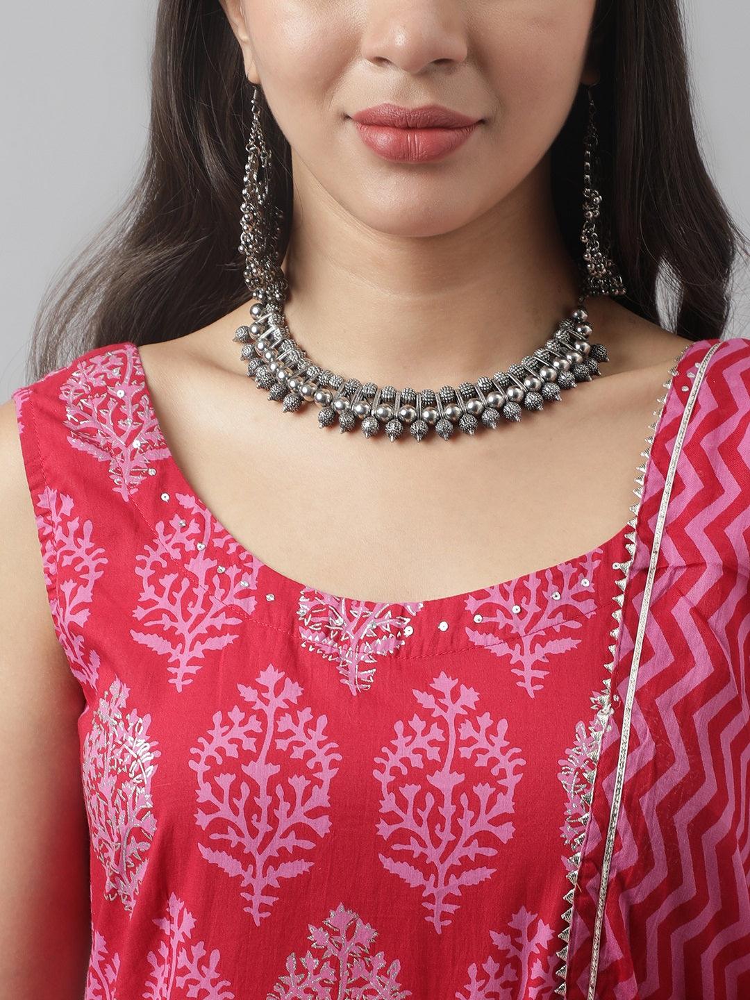  Magenta Floral Cotton Anarkali Kurta Pant Set with Dupatta -  world