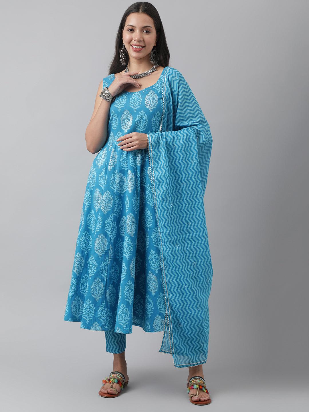  Turquoise Blue Floral Cotton Anarkali Kurta Pant Set with Dupatta -  world