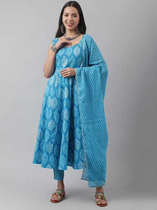  Turquoise Blue Floral Cotton Anarkali Kurta Pant Set with Dupatta -  world