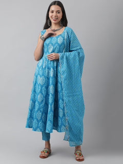 Turquoise Blue Floral Cotton Anarkali Kurta Pant Set with Dupatta