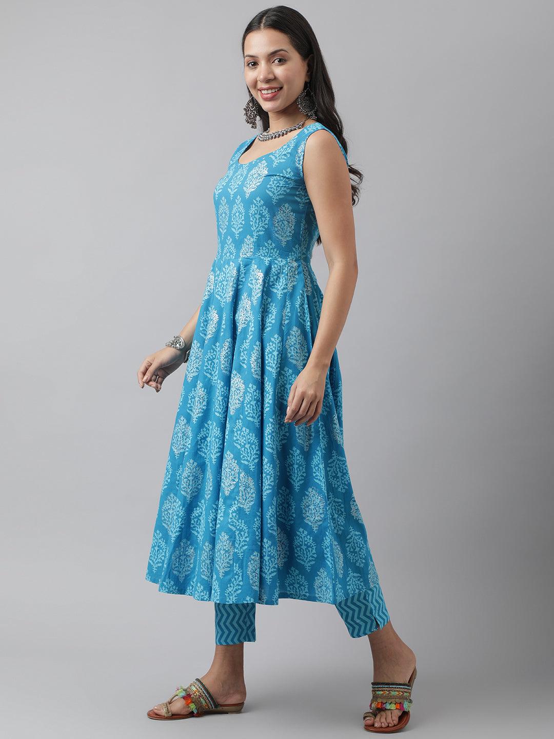  Turquoise Blue Floral Cotton Anarkali Kurta Pant Set with Dupatta -  world