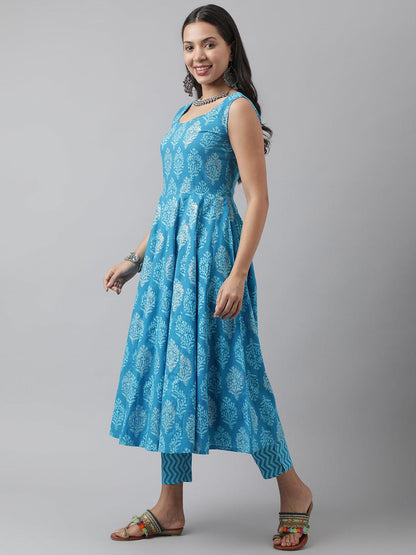  Turquoise Blue Floral Cotton Anarkali Kurta Pant Set with Dupatta -  world