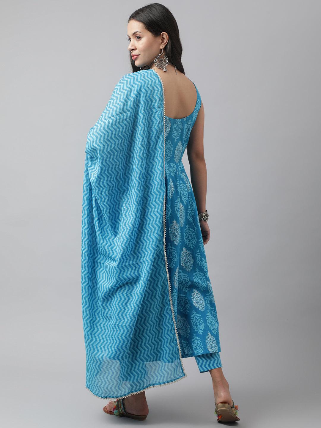  Turquoise Blue Floral Cotton Anarkali Kurta Pant Set with Dupatta -  world