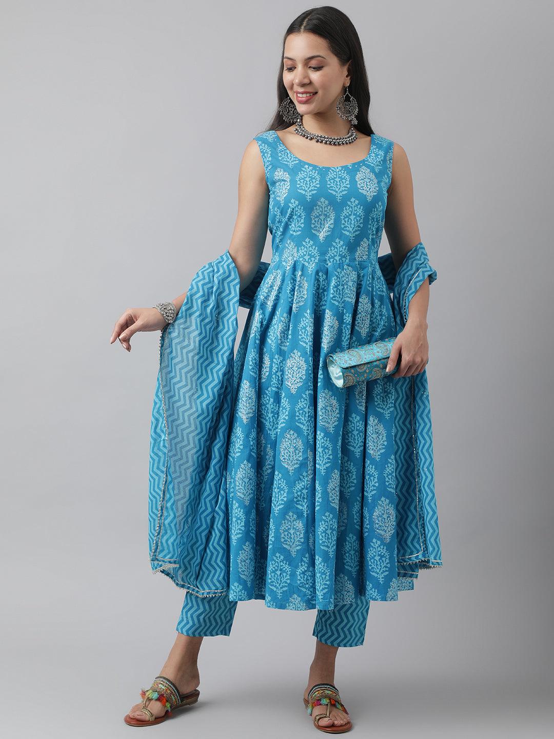  Turquoise Blue Floral Cotton Anarkali Kurta Pant Set with Dupatta -  world