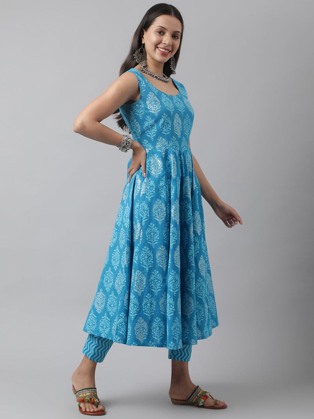  Turquoise Blue Floral Cotton Anarkali Kurta Pant Set with Dupatta -  world