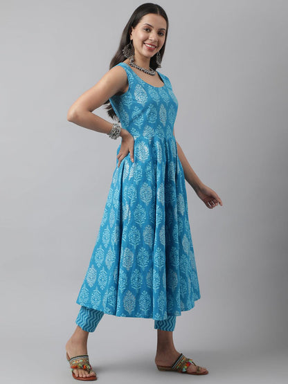  Turquoise Blue Floral Cotton Anarkali Kurta Pant Set with Dupatta -  world