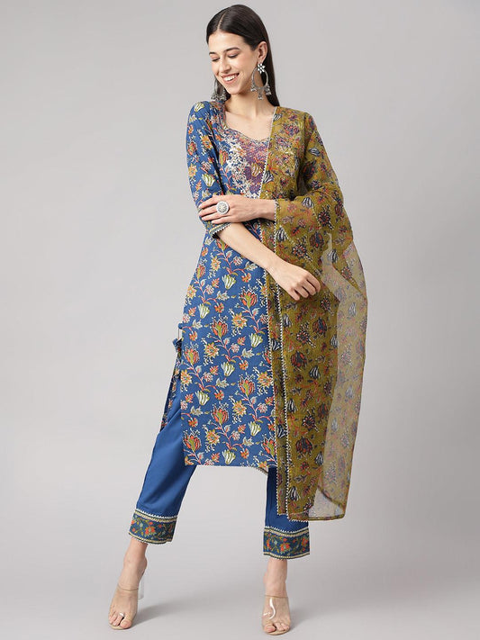  Blue Floral Printed Kurta Pant Set with dupatta -  world