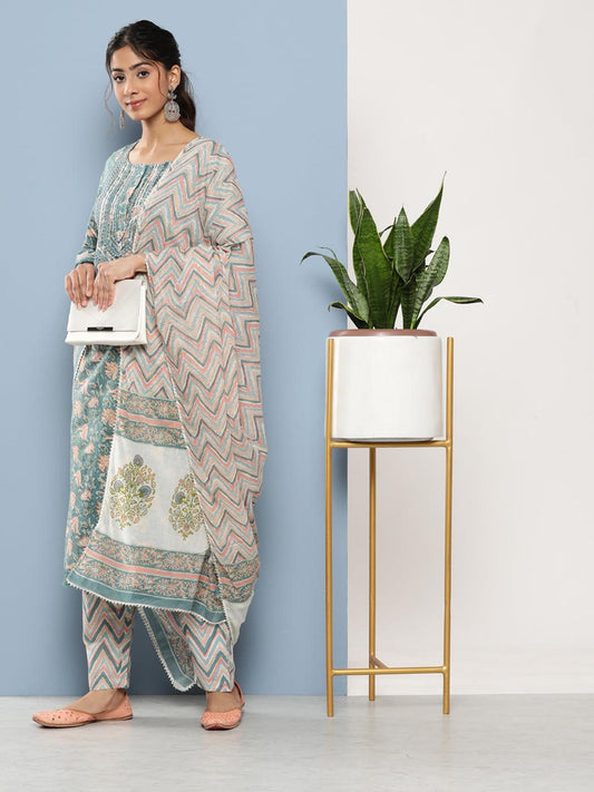  Teal Blue Cotton Straight pant set with Dupatta -  world