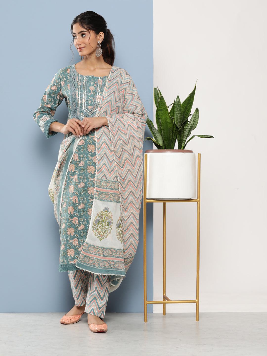  Teal Blue Cotton Straight pant set with Dupatta -  world