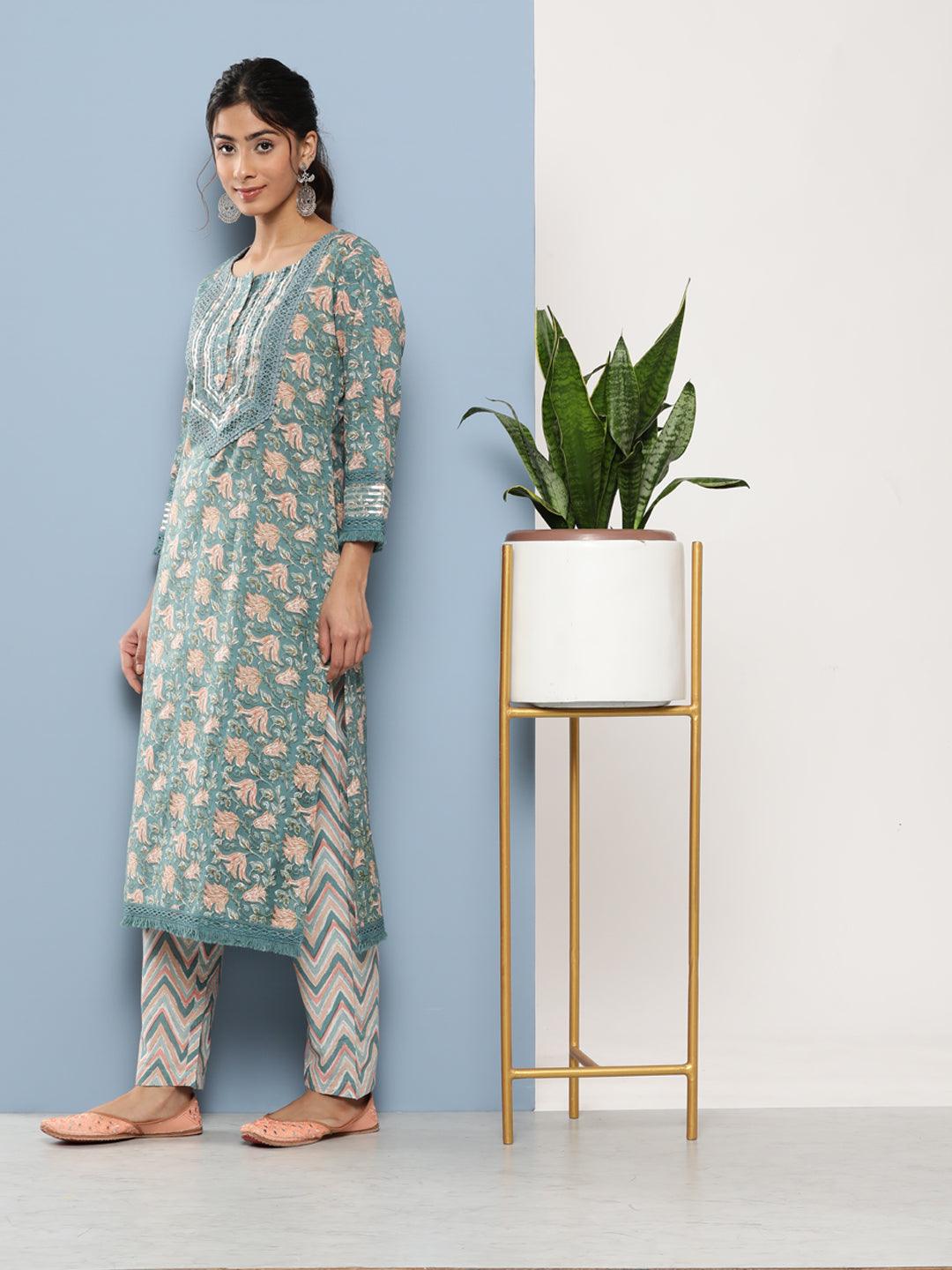  Teal Blue Cotton Straight pant set with Dupatta -  world
