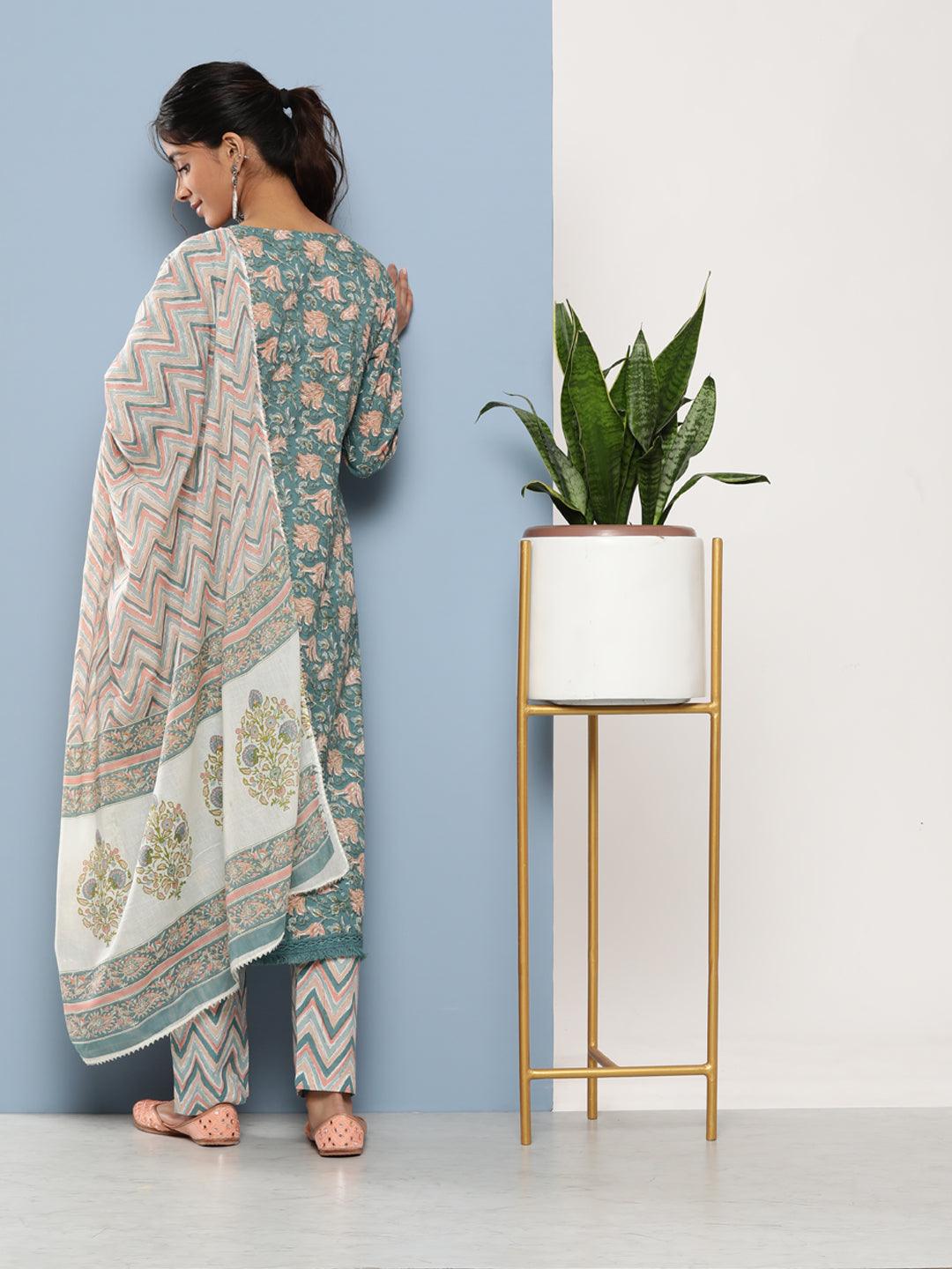  Teal Blue Cotton Straight pant set with Dupatta -  world