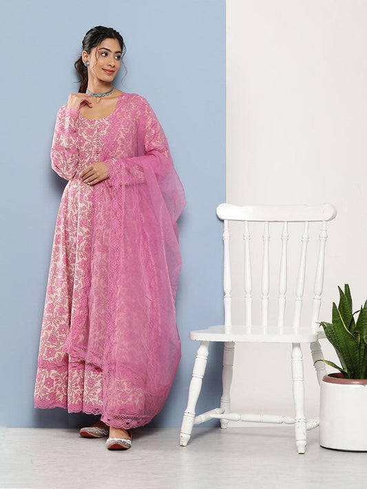  Lilac Floral Printed Anarkali Kurta Pant set with Dupatta -  world