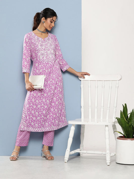  Purple Gethered Floral Printed Kurta Pant Sets -  world