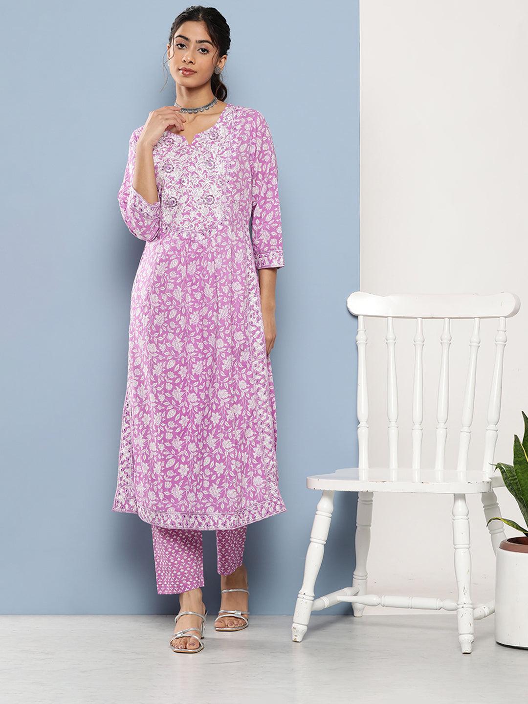  Purple Gethered Floral Printed Kurta Pant Sets -  world