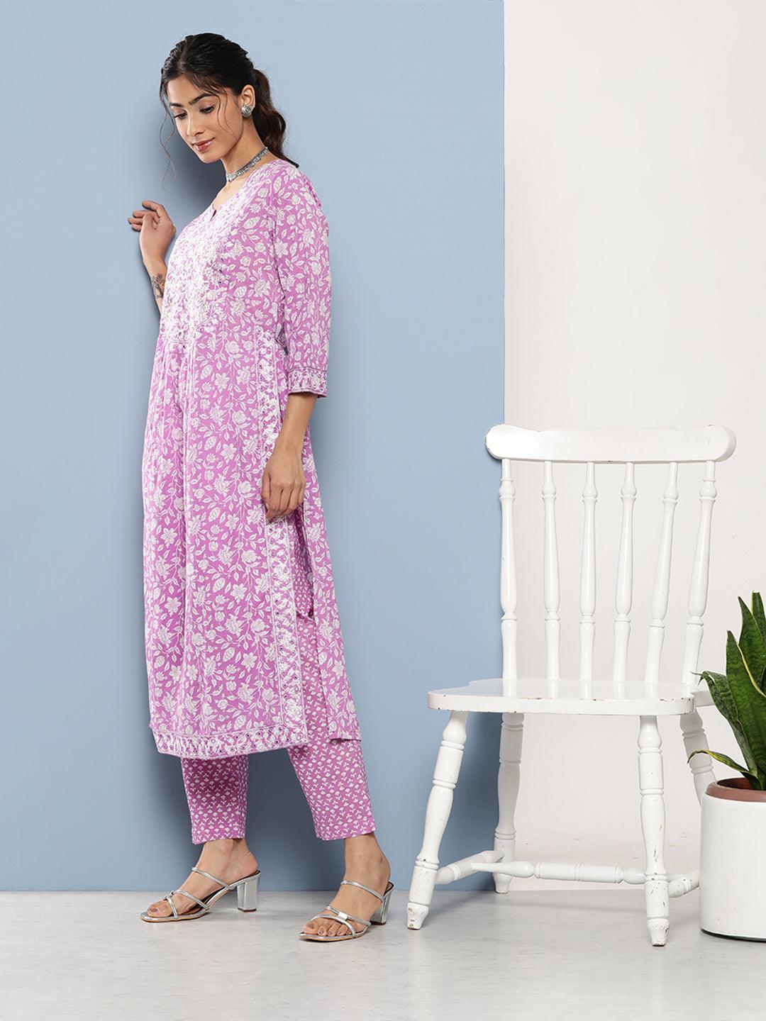  Purple Gethered Floral Printed Kurta Pant Sets -  world
