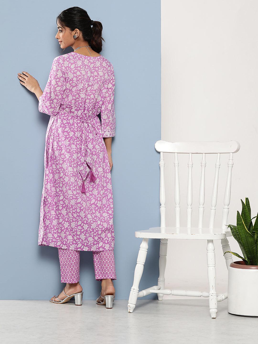  Purple Gethered Floral Printed Kurta Pant Sets -  world