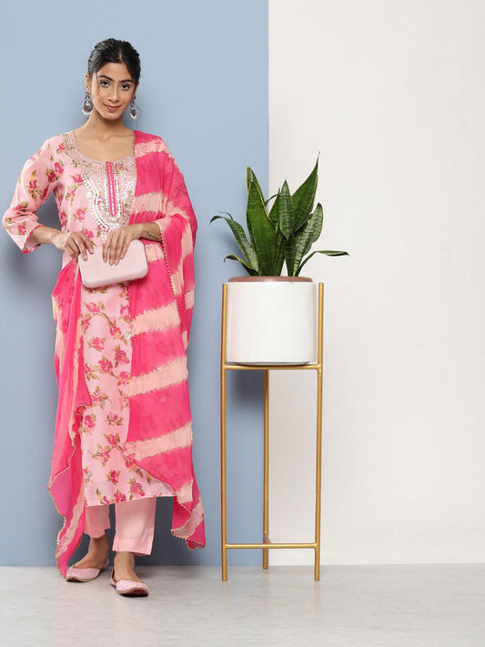  Pink Kota Doria Floral Printed Kurta Pant Dupatta Sets -  world