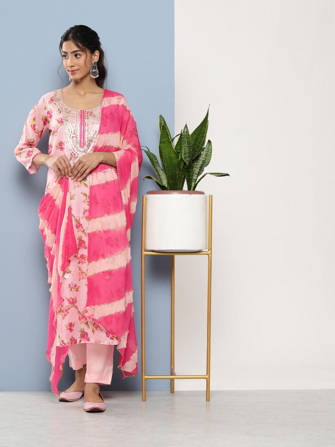  Pink Kota Doria Floral Printed Kurta Pant Dupatta Sets -  world
