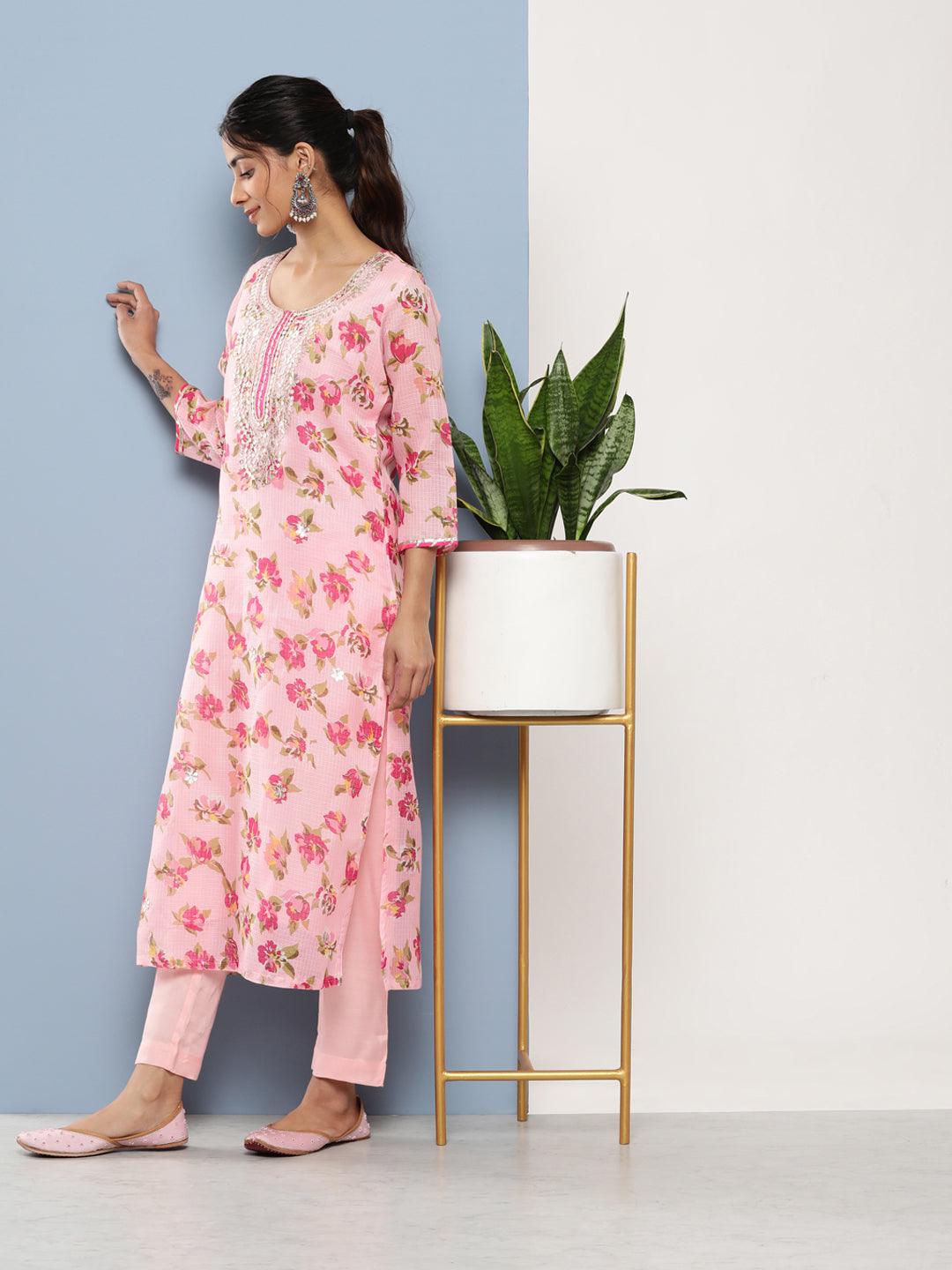  Pink Kota Doria Floral Printed Kurta Pant Dupatta Sets -  world