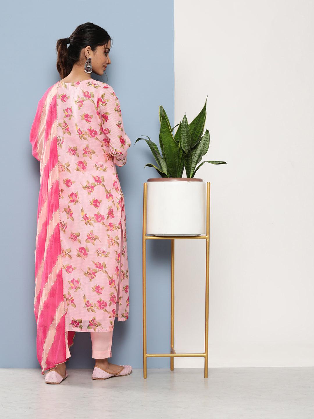  Pink Kota Doria Floral Printed Kurta Pant Dupatta Sets -  world