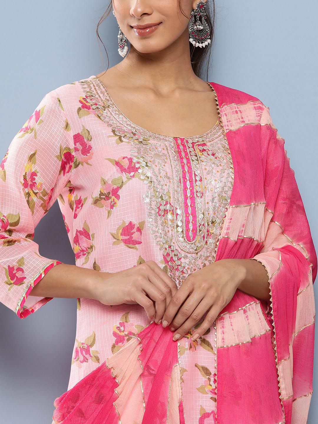  Pink Kota Doria Floral Printed Kurta Pant Dupatta Sets -  world