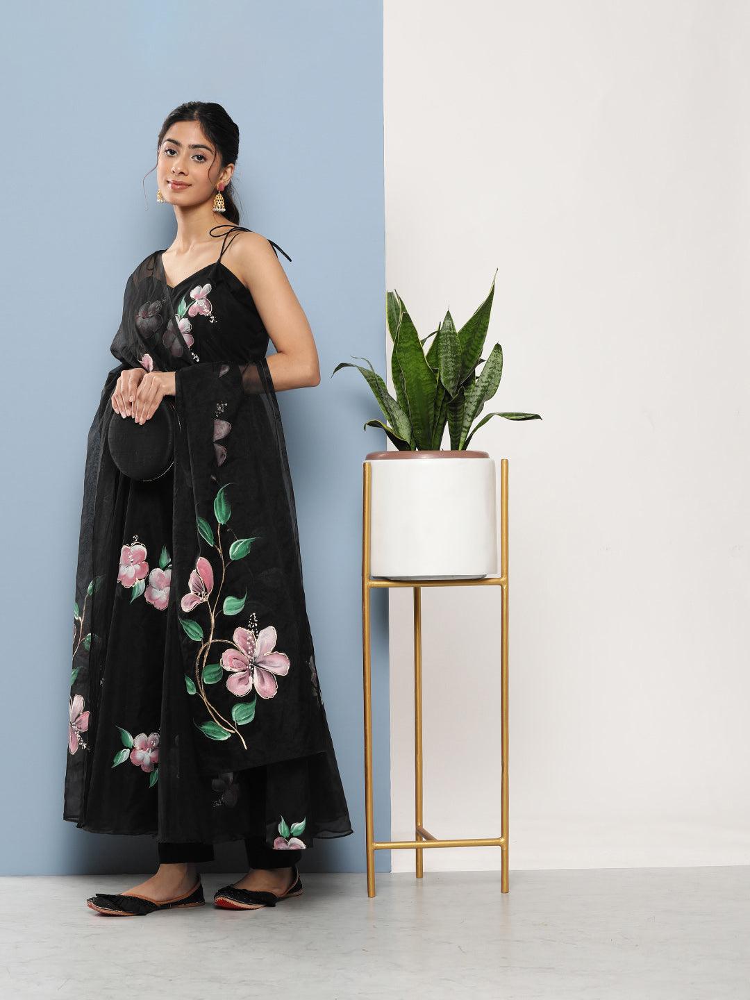  Black Hand Painted Floral Organza Anarkali Kurta Pant Set with Dupatta -  world