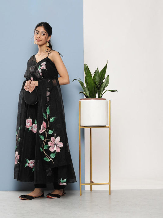  Black Hand Painted Floral Organza Anarkali Kurta Pant Set with Dupatta -  world