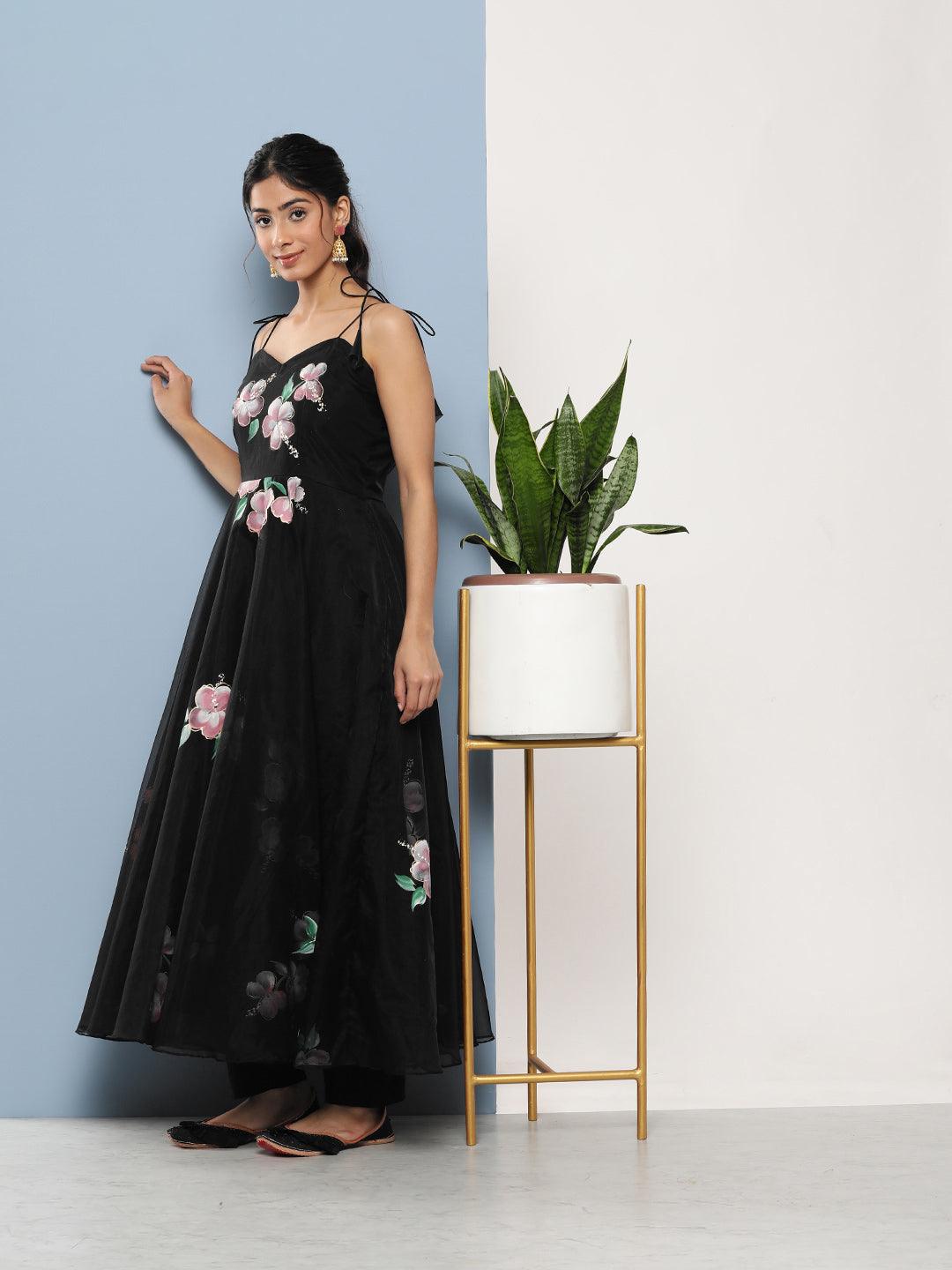 Black Hand Painted Floral Organza Anarkali Kurta Pant Set with Dupatta -  world