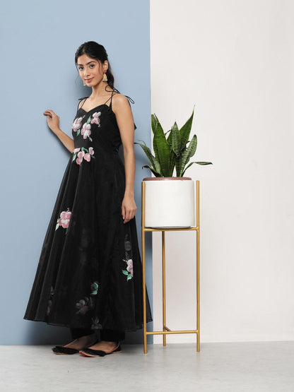  Black Hand Painted Floral Organza Anarkali Kurta Pant Set with Dupatta -  world