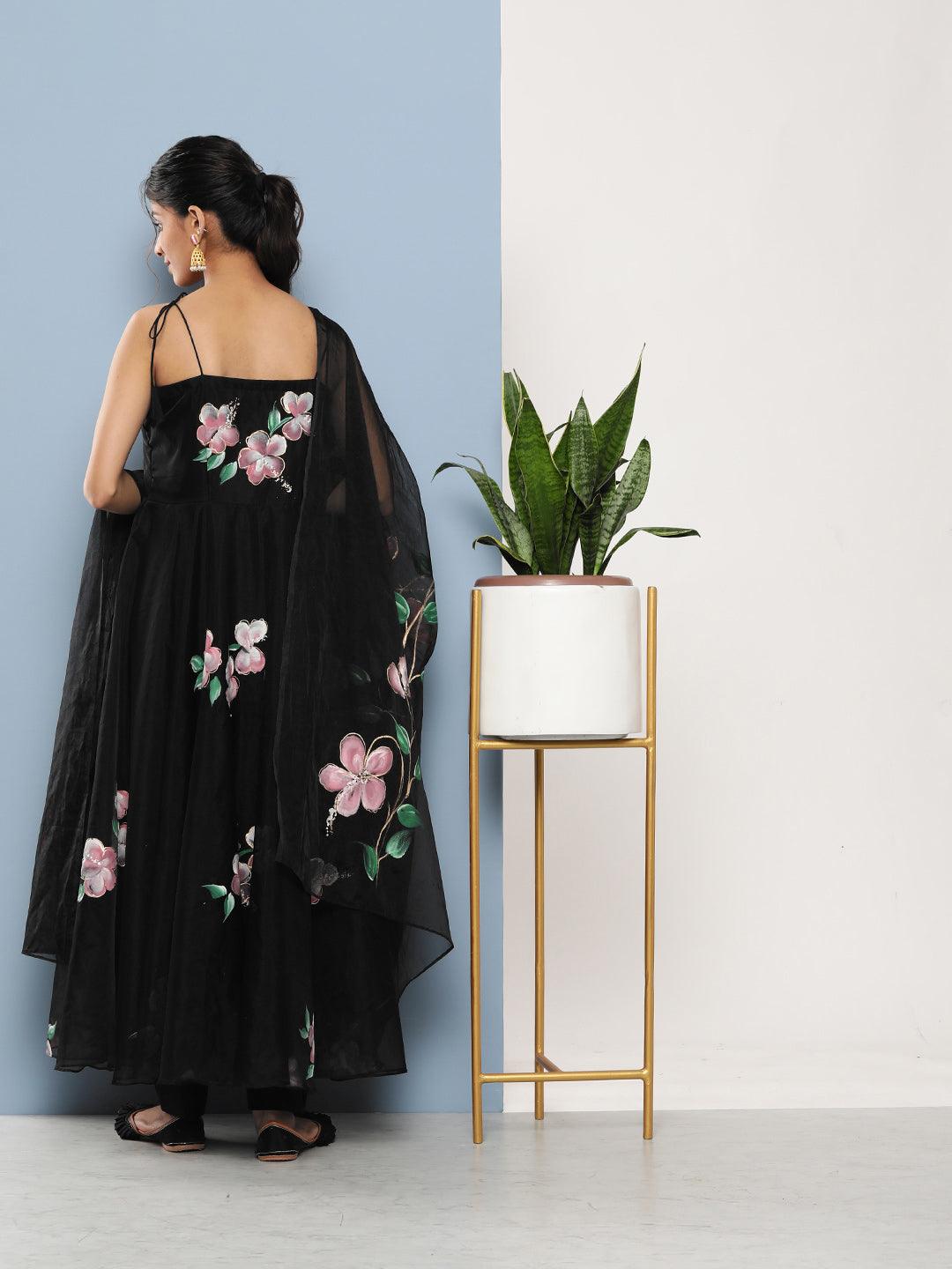  Black Hand Painted Floral Organza Anarkali Kurta Pant Set with Dupatta -  world