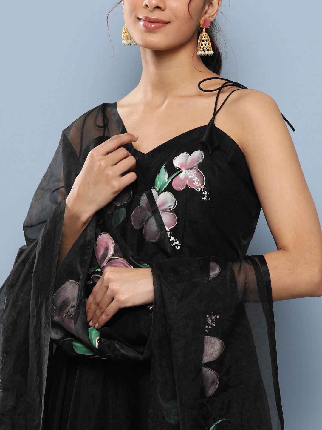  Black Hand Painted Floral Organza Anarkali Kurta Pant Set with Dupatta -  world