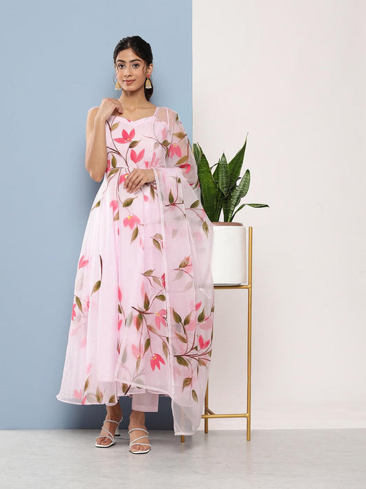  Pink Hand Painted Floral Organza Anarkali Kurta Pant Set with Dupatta -  world