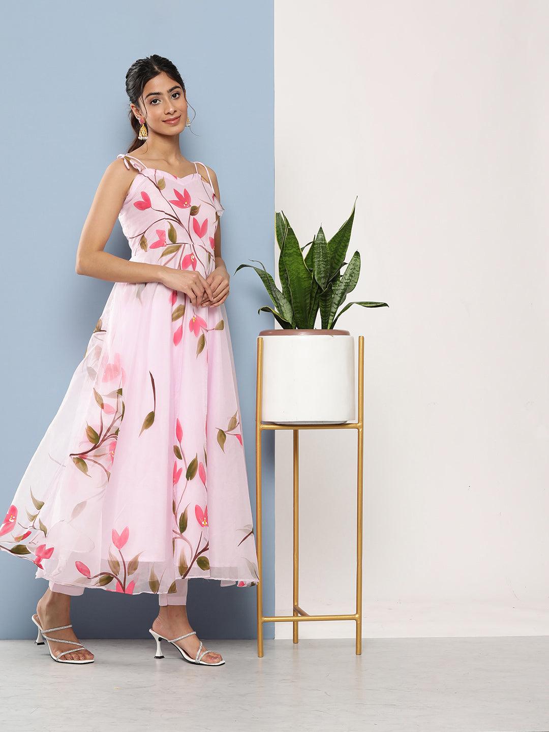  Pink Hand Painted Floral Organza Anarkali Kurta Pant Set with Dupatta -  world