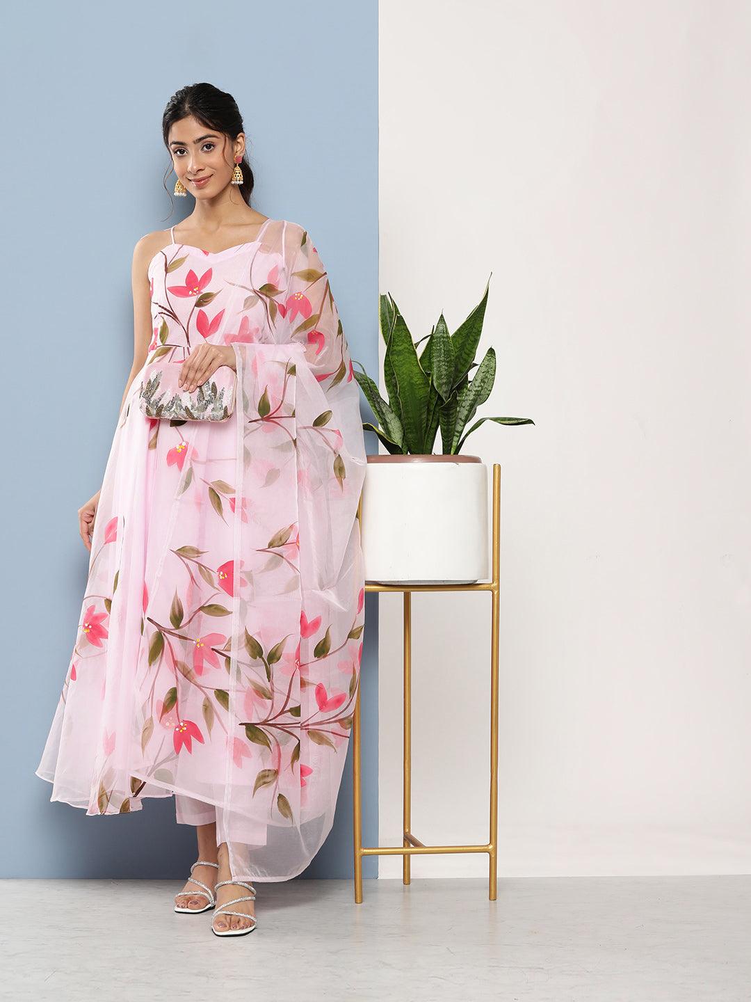  Pink Hand Painted Floral Organza Anarkali Kurta Pant Set with Dupatta -  world