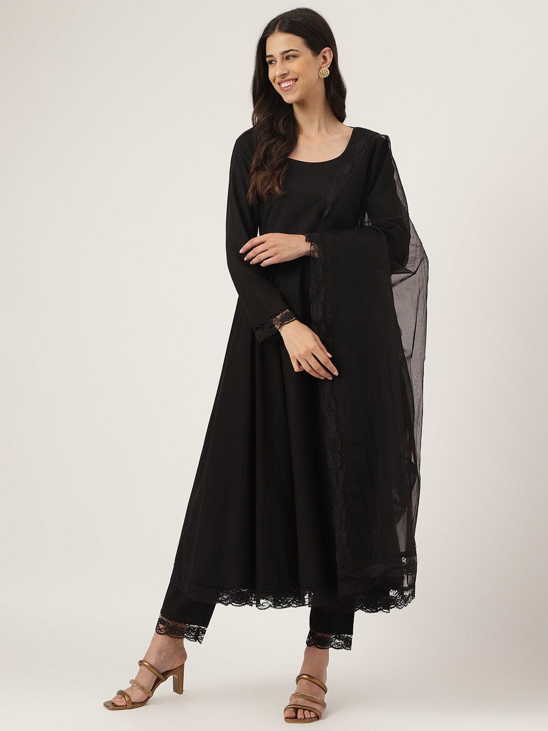  Black Solid Anarkali Kurta Pant set with Dupatta -  world