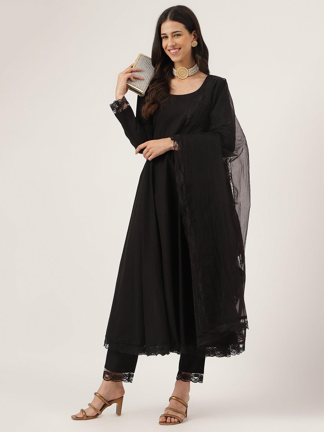  Black Solid Anarkali Kurta Pant set with Dupatta -  world