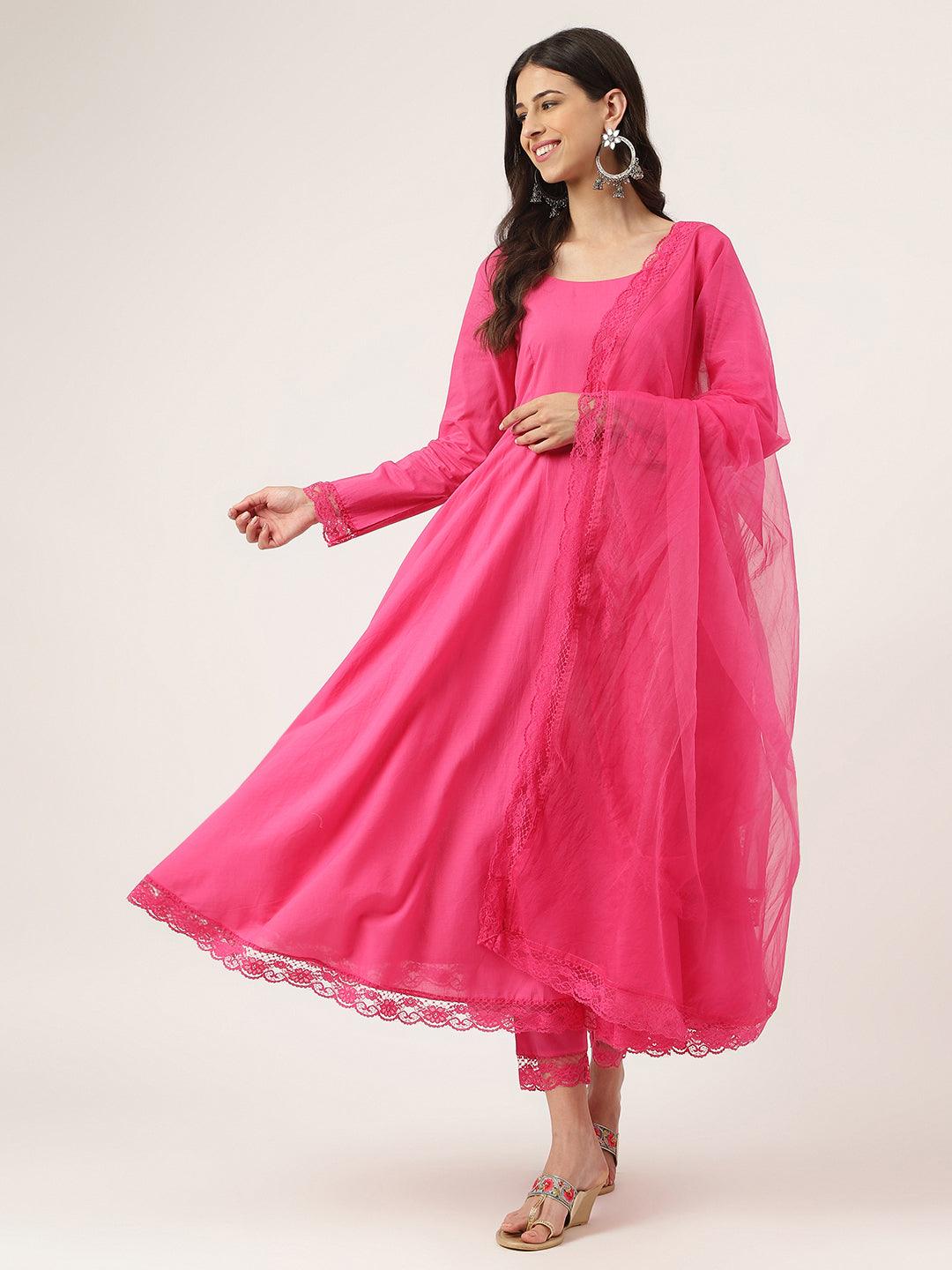  Pink Solid Anarkali Kurta Pant set with Dupatta -  world