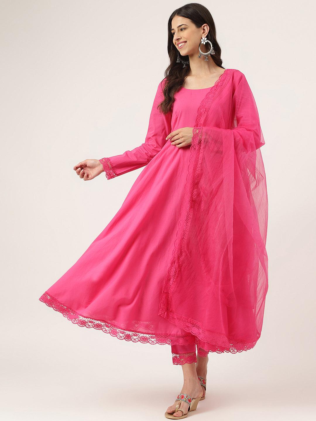  Pink Solid Anarkali Kurta Pant set with Dupatta -  world