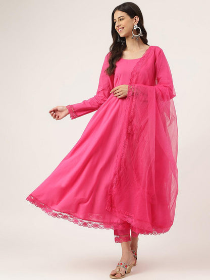  Pink Solid Anarkali Kurta Pant set with Dupatta -  world